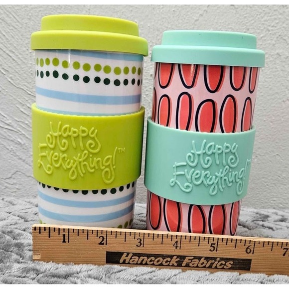 Two Coton Colors Happy Everything 16 Oz Travel Mugs w/Silicone Sleeves - Picture 4 of 6